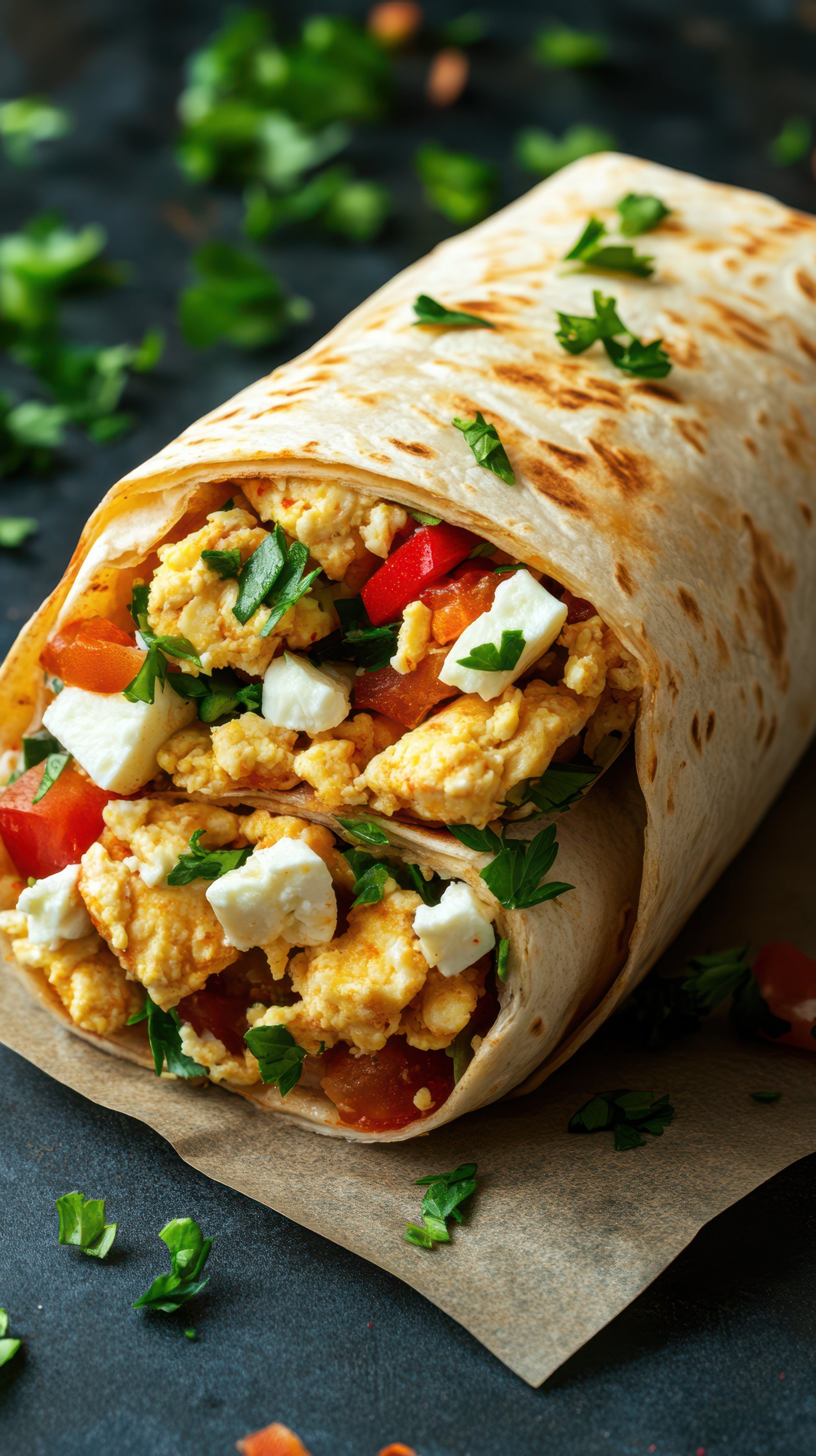 Delicious breakfast burrito filled with scrambled eggs, tomatoes, and feta cheese on a dark background